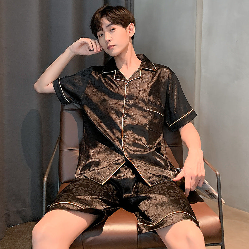 Men's Pajamas Summer Ice Silk Thin Short Sleeve Plus Size Loose Real Silk Jacquard Youth Homewear Suit