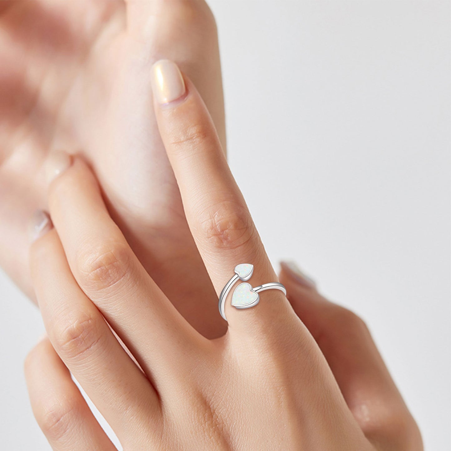 8mm Opal Heart Adjustable Open Ring in 925 Sterling Silver