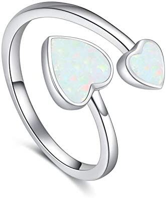 8mm Opal Heart Adjustable Open Ring in 925 Sterling Silver