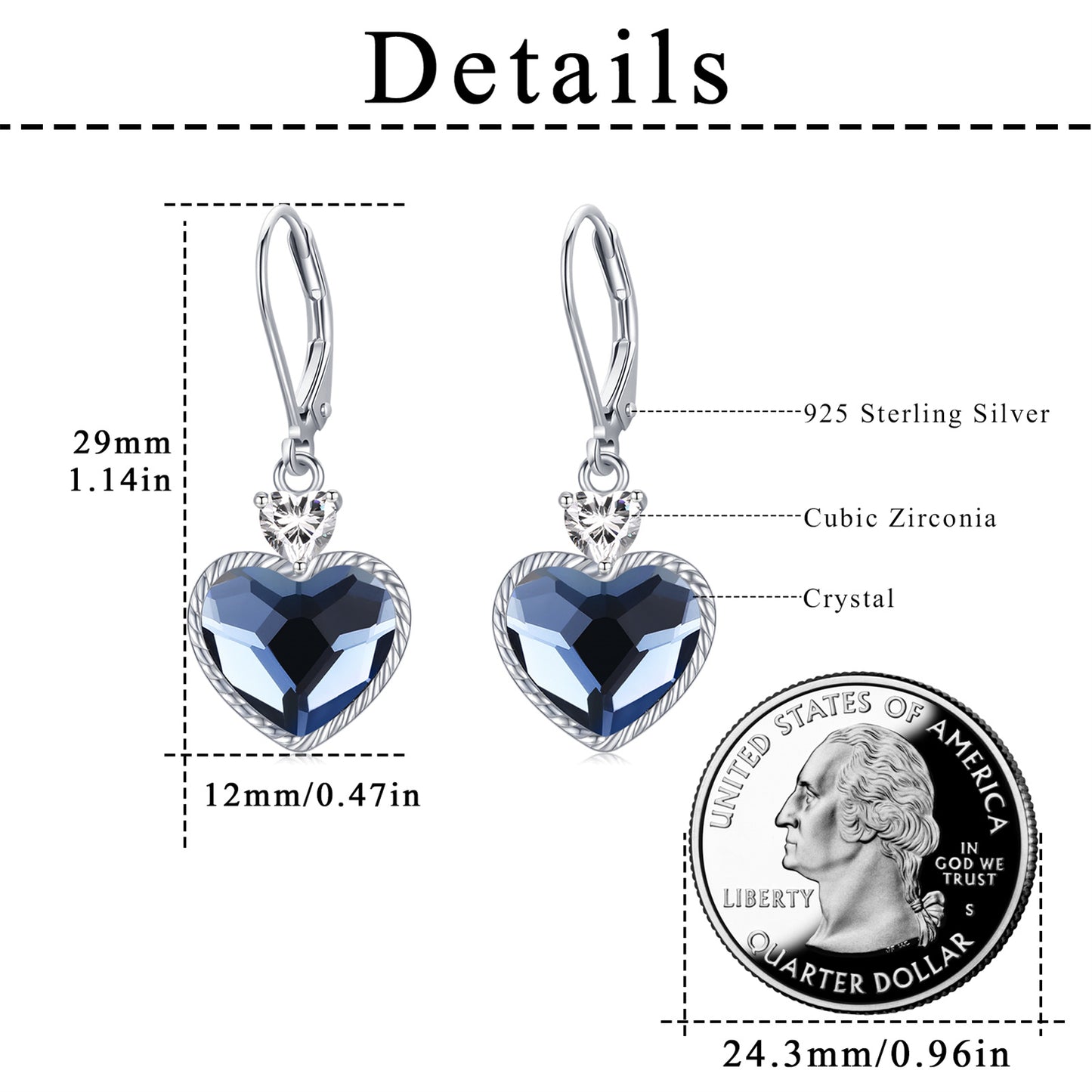Crystal Dangle Earrings, 925 Sterling Silver Leverback Blue Heart Drop Earrings December Birthday Jewelry Gifts for Women Girls