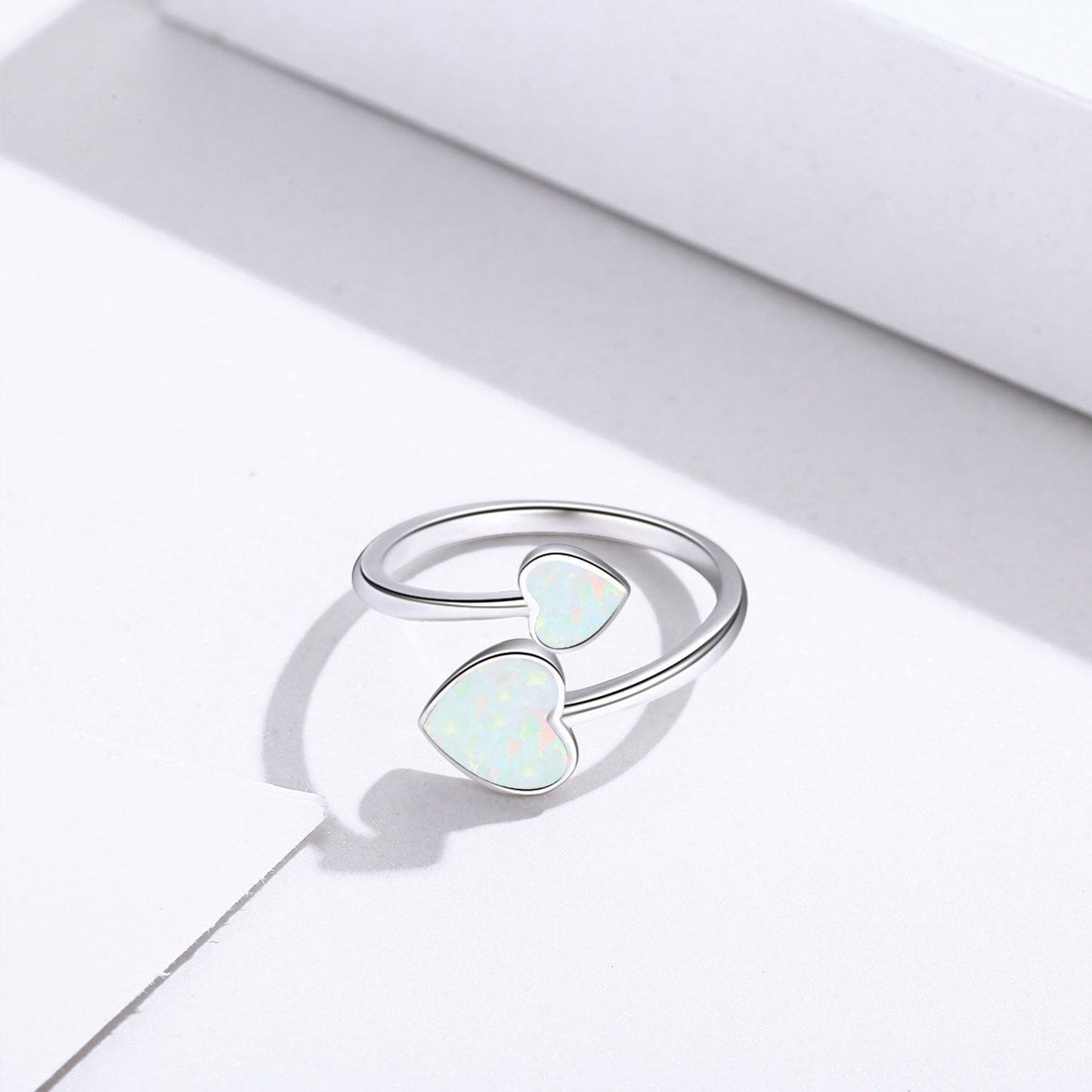 8mm Opal Heart Adjustable Open Ring in 925 Sterling Silver