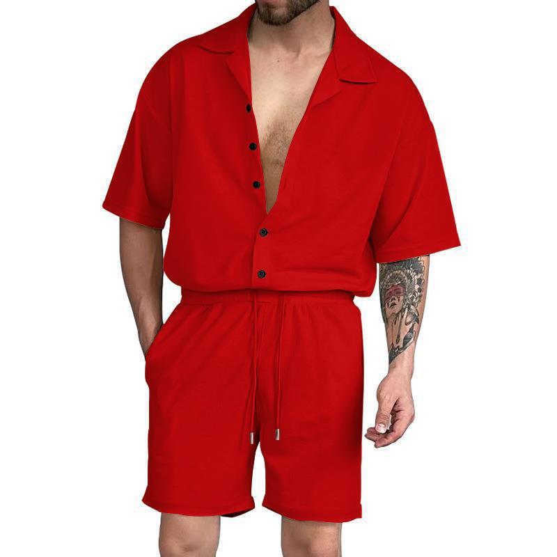 Men's Trendy Solid Color Short-sleeved Shirt Two-piece Suit
