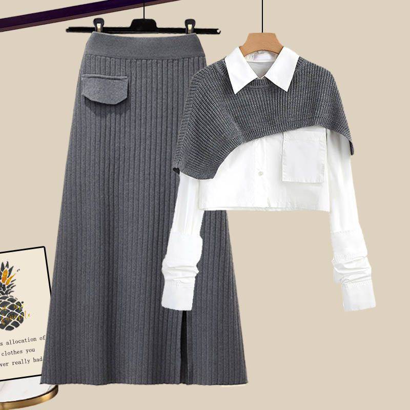 Loose Shawl Shirt High Waist Knit Skirt Three-piece Set