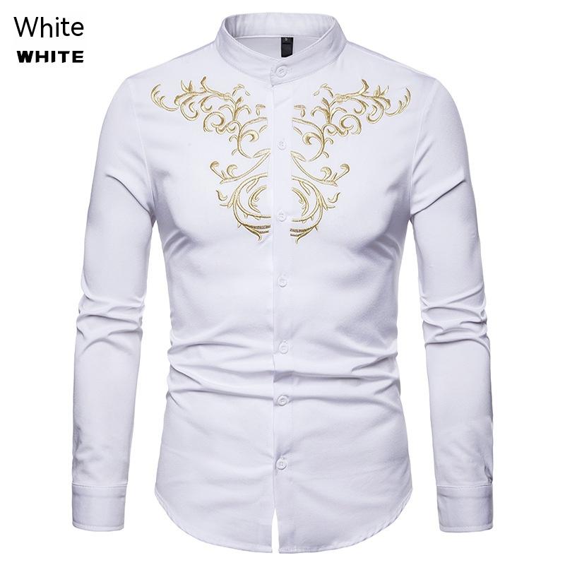 Men's Embroidered Henry Collar Ironing Free Long Sleeves Shirt