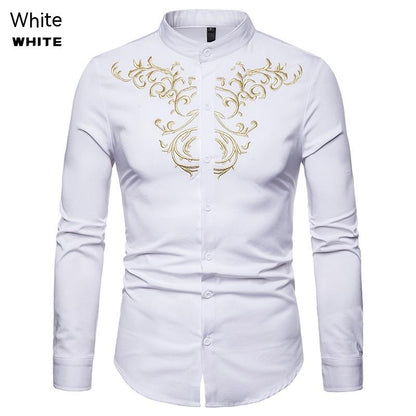 Men's Embroidered Henry Collar Ironing Free Long Sleeves Shirt