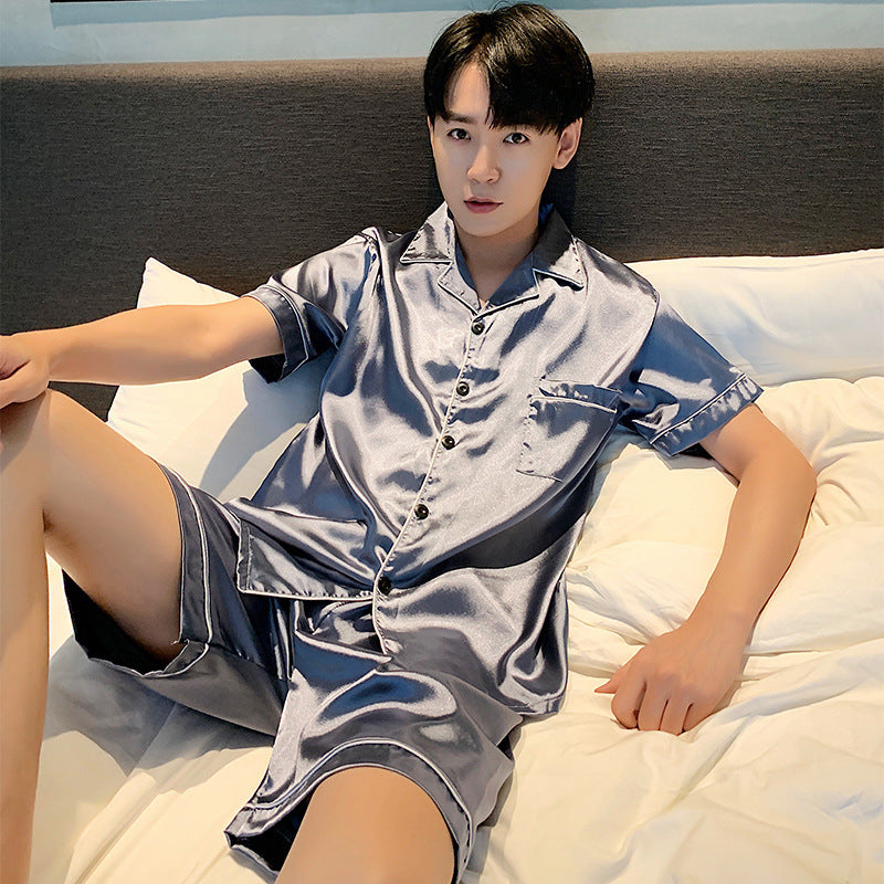 Men's Pajamas Summer Ice Silk Thin Short Sleeve Plus Size Loose Real Silk Jacquard Youth Homewear Suit