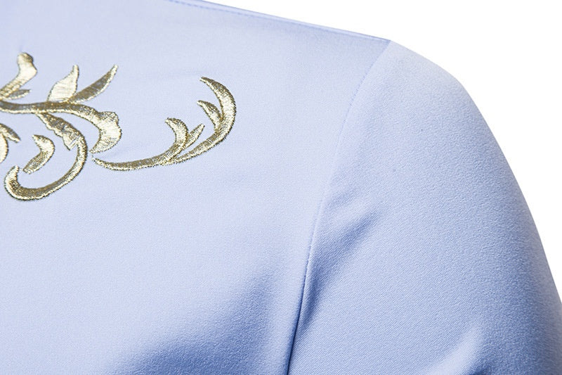 Men's Embroidered Henry Collar Ironing Free Long Sleeves Shirt