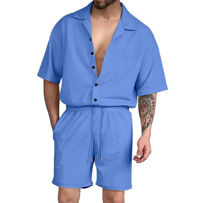 Men's Trendy Solid Color Short-sleeved Shirt Two-piece Suit