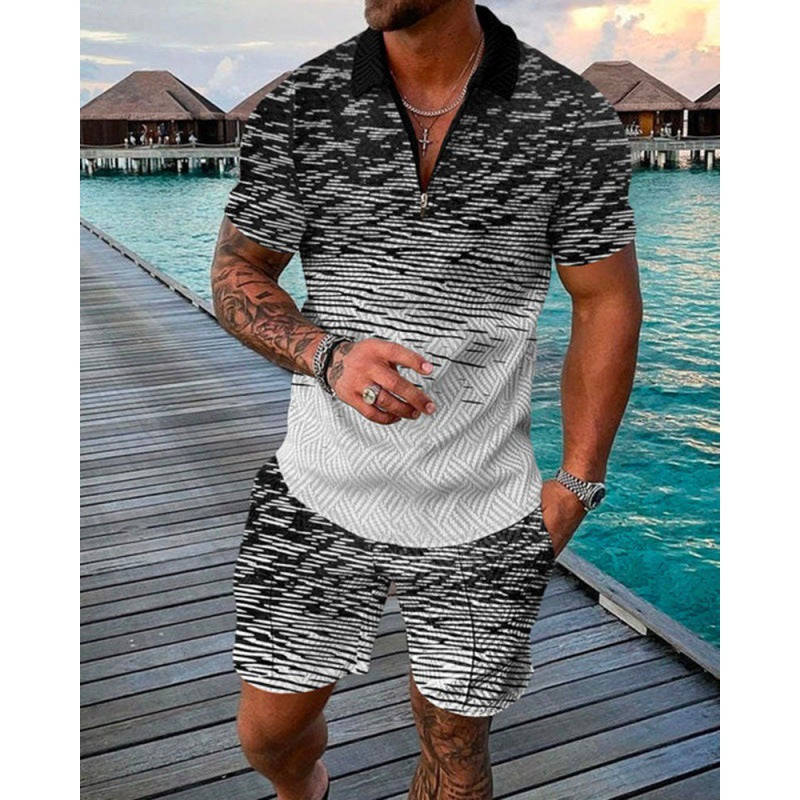 Men's Lapel Gradient Zipper Fashion Casual Polo Shirt Two-Piece Set