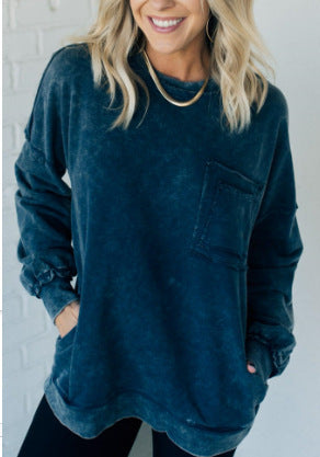 Washed Cotton Loose-fitting Casual Round-neck Sweater