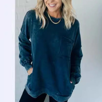 Washed Cotton Loose-fitting Casual Round-neck Sweater