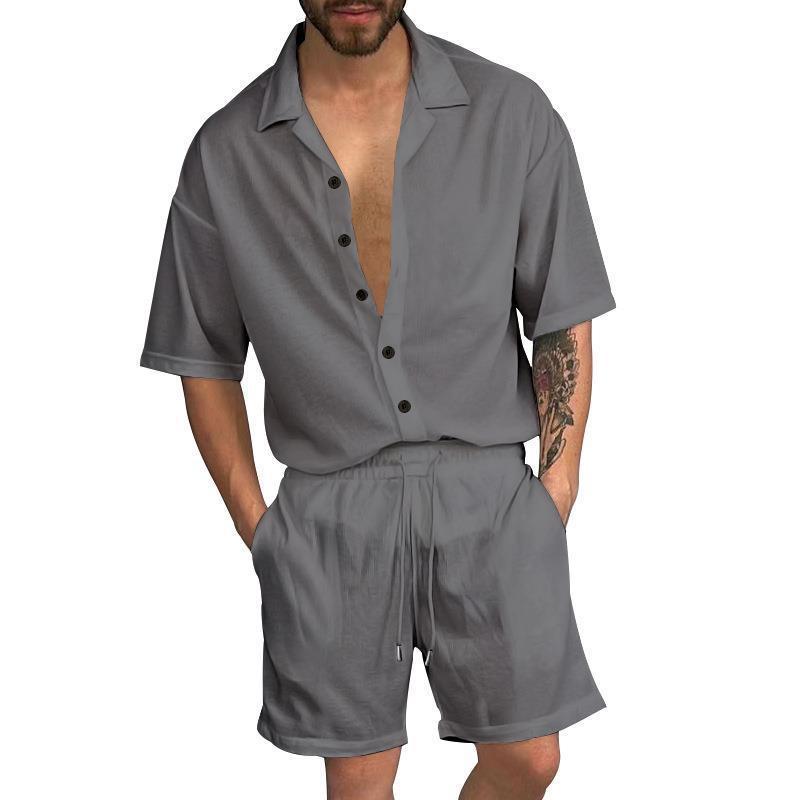 Men's Trendy Solid Color Short-sleeved Shirt Two-piece Suit