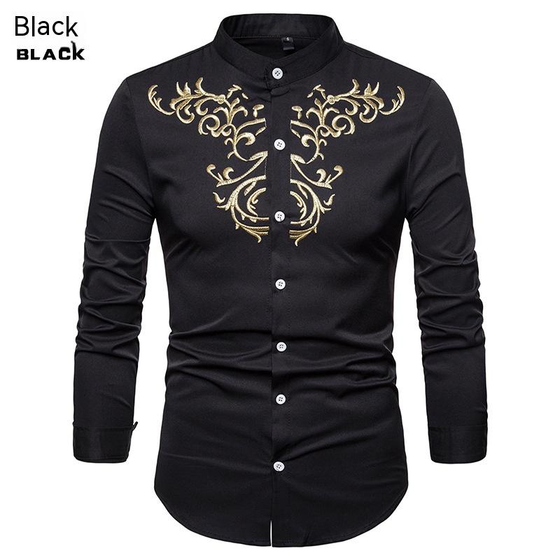 Men's Embroidered Henry Collar Ironing Free Long Sleeves Shirt