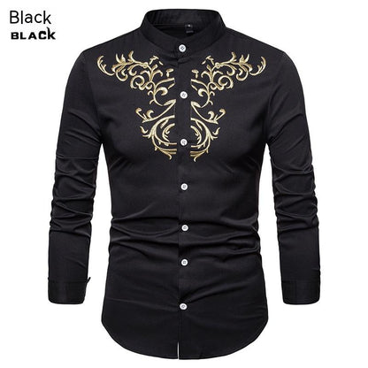 Men's Embroidered Henry Collar Ironing Free Long Sleeves Shirt