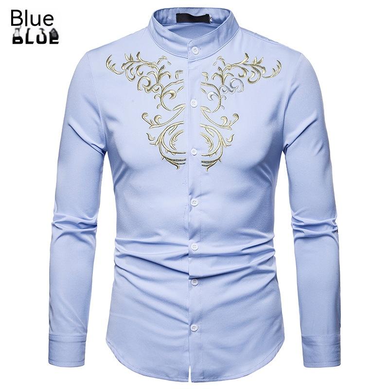 Men's Embroidered Henry Collar Ironing Free Long Sleeves Shirt
