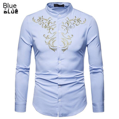 Men's Embroidered Henry Collar Ironing Free Long Sleeves Shirt