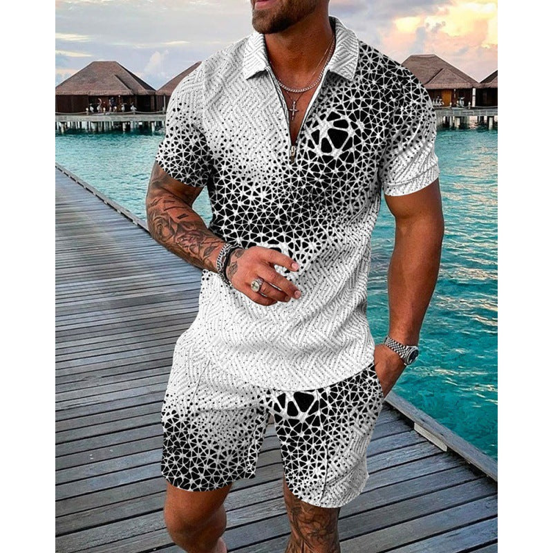 Men's Lapel Zipper Casual Polo Shirt Two-Piece Set