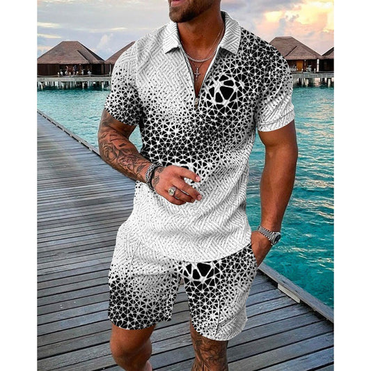 Men's Lapel Zipper Casual Polo Shirt Two-Piece Set