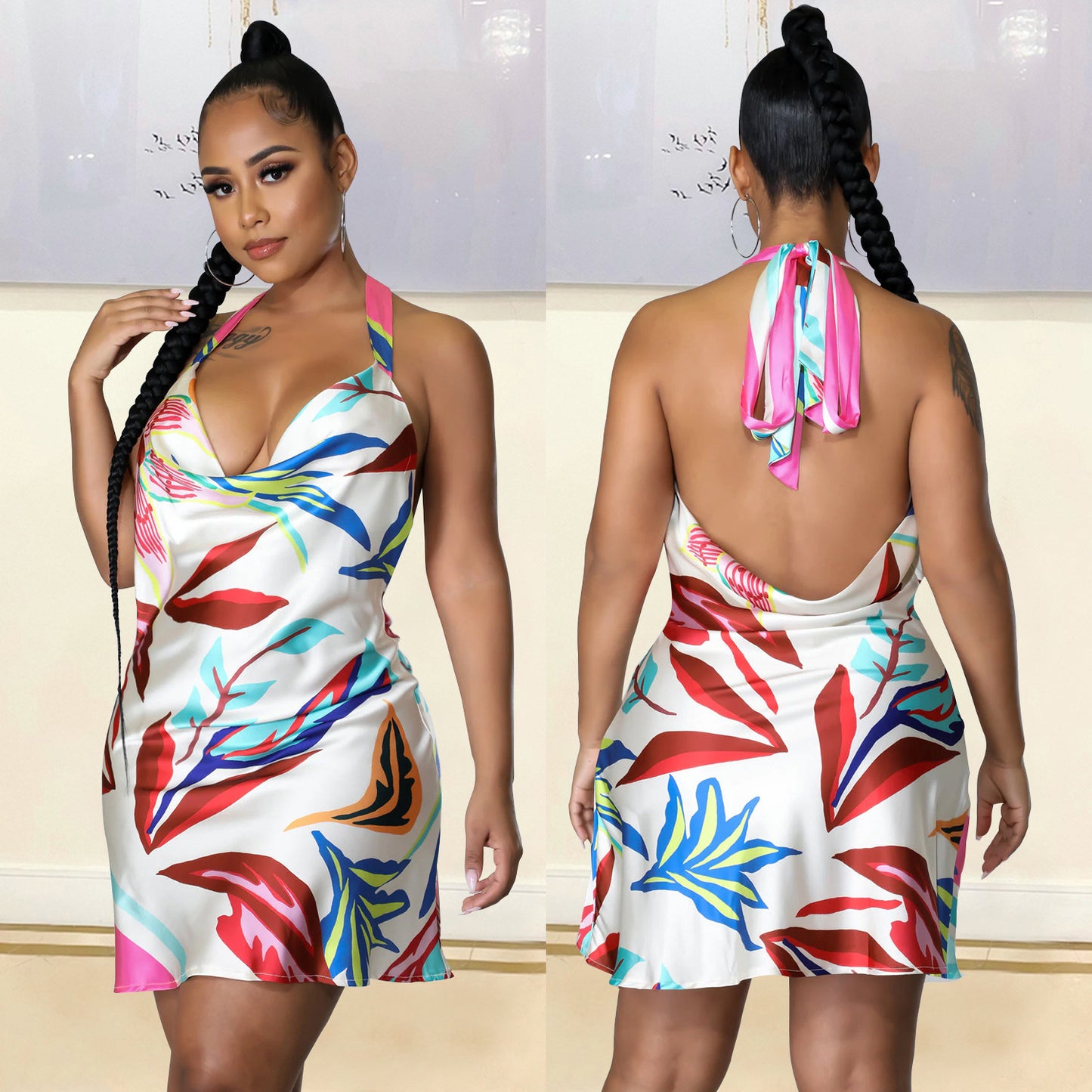 Women's Tie Backless Print Dress