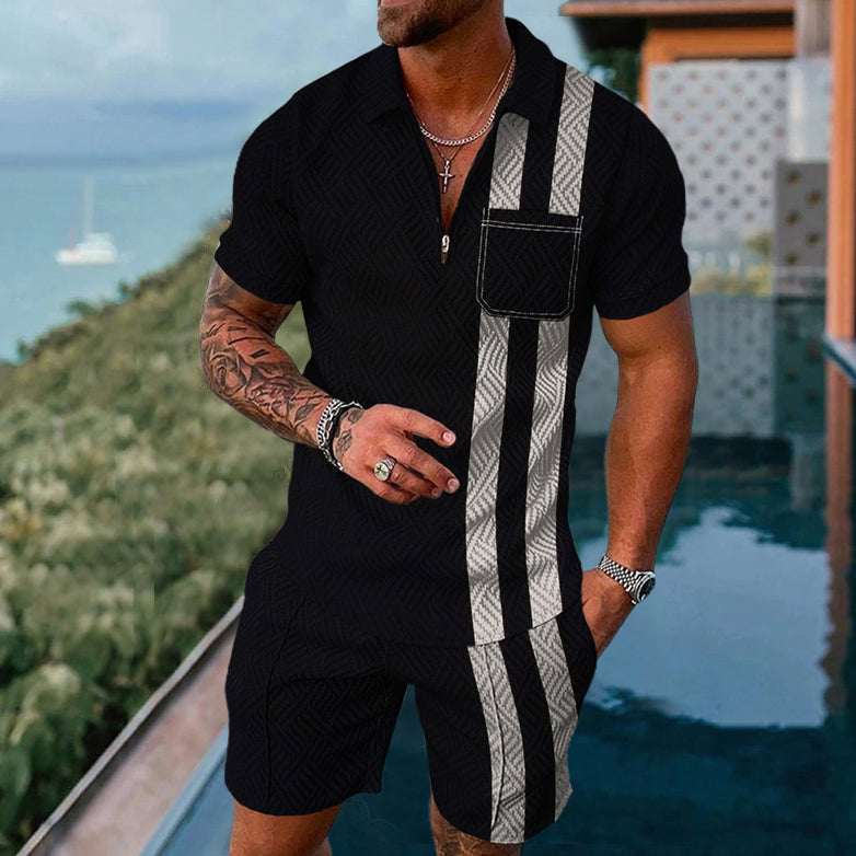 Men's Striped Lapel Zipper Fashion Casual Polo Shirt Two-Piece Set