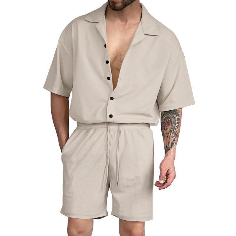 Men's Trendy Solid Color Short-sleeved Shirt Two-piece Suit