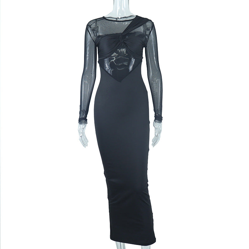 Round Neck Mesh Stitching Long Sleeve Evening Dress