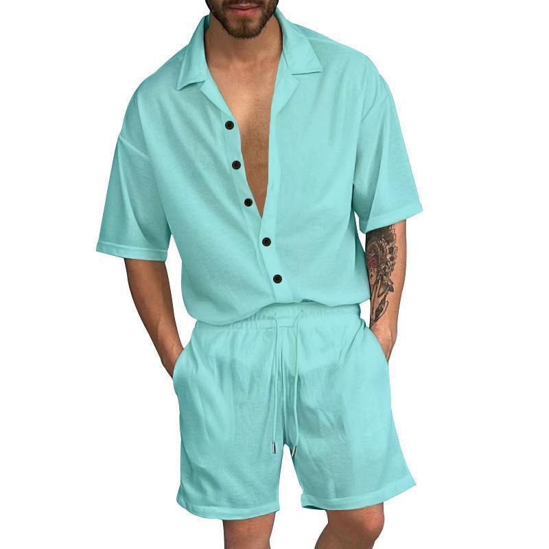 Men's Trendy Solid Color Short-sleeved Shirt Two-piece Suit