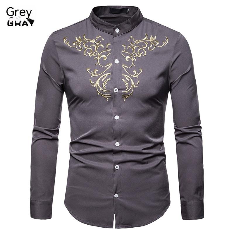 Men's Embroidered Henry Collar Ironing Free Long Sleeves Shirt