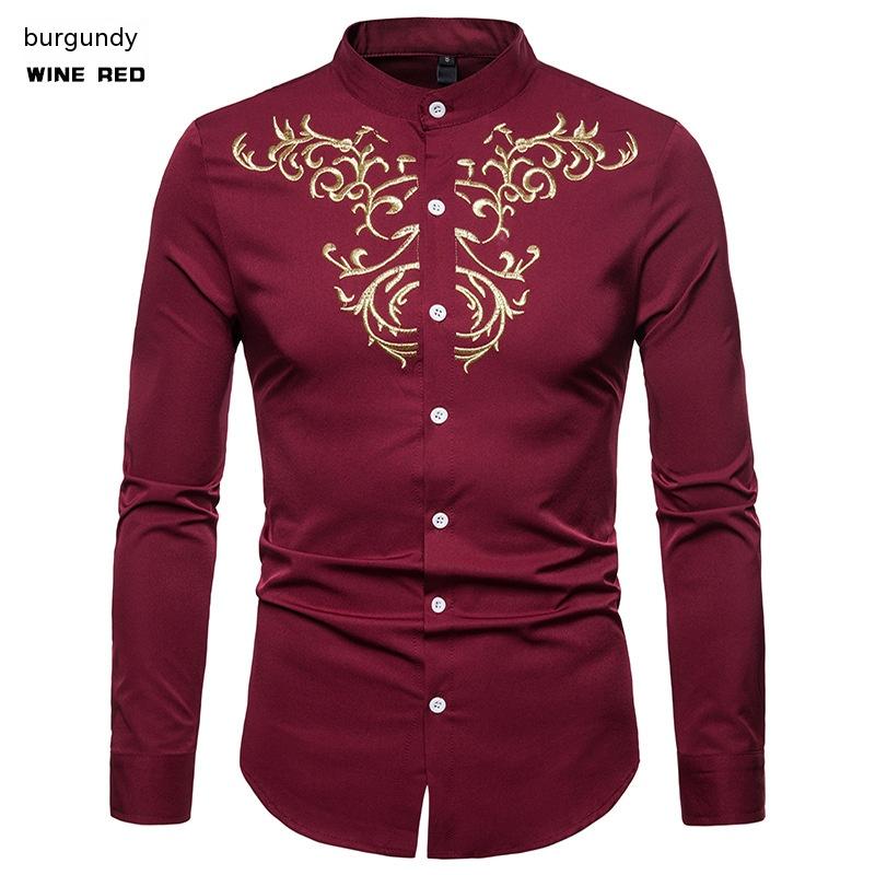 Men's Embroidered Henry Collar Ironing Free Long Sleeves Shirt