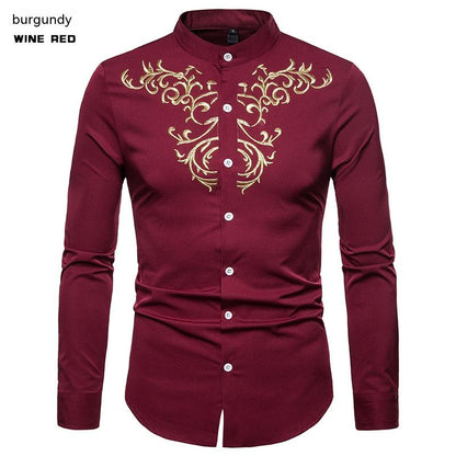 Men's Embroidered Henry Collar Ironing Free Long Sleeves Shirt
