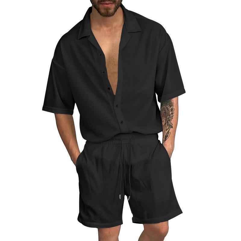 Men's Trendy Solid Color Short-sleeved Shirt Two-piece Suit