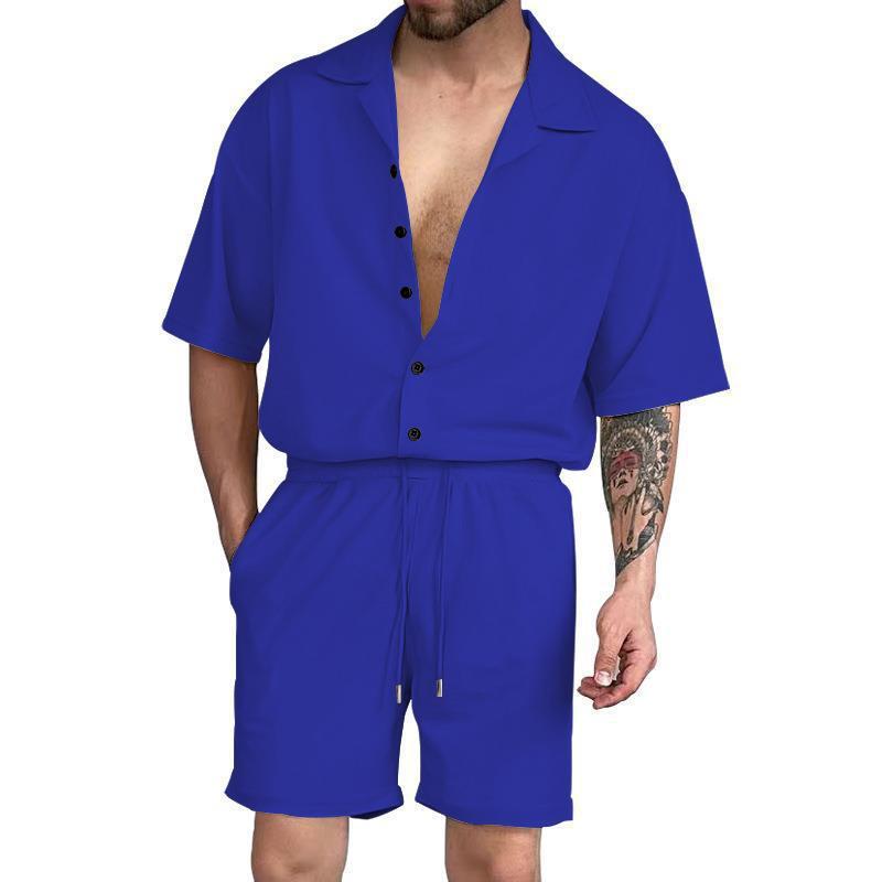 Men's Trendy Solid Color Short-sleeved Shirt Two-piece Suit
