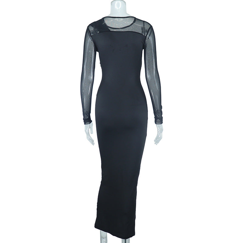 Round Neck Mesh Stitching Long Sleeve Evening Dress