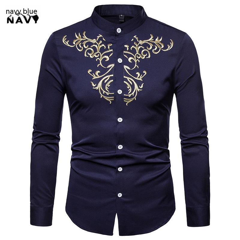 Men's Embroidered Henry Collar Ironing Free Long Sleeves Shirt