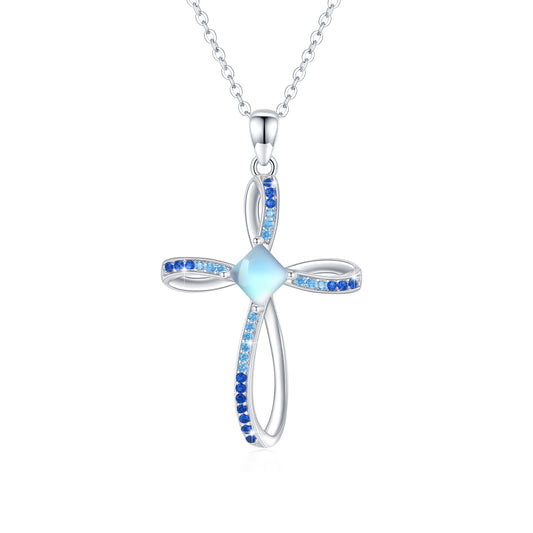 Moonstone Cross Pendant Necklace in 925 Sterling Silver