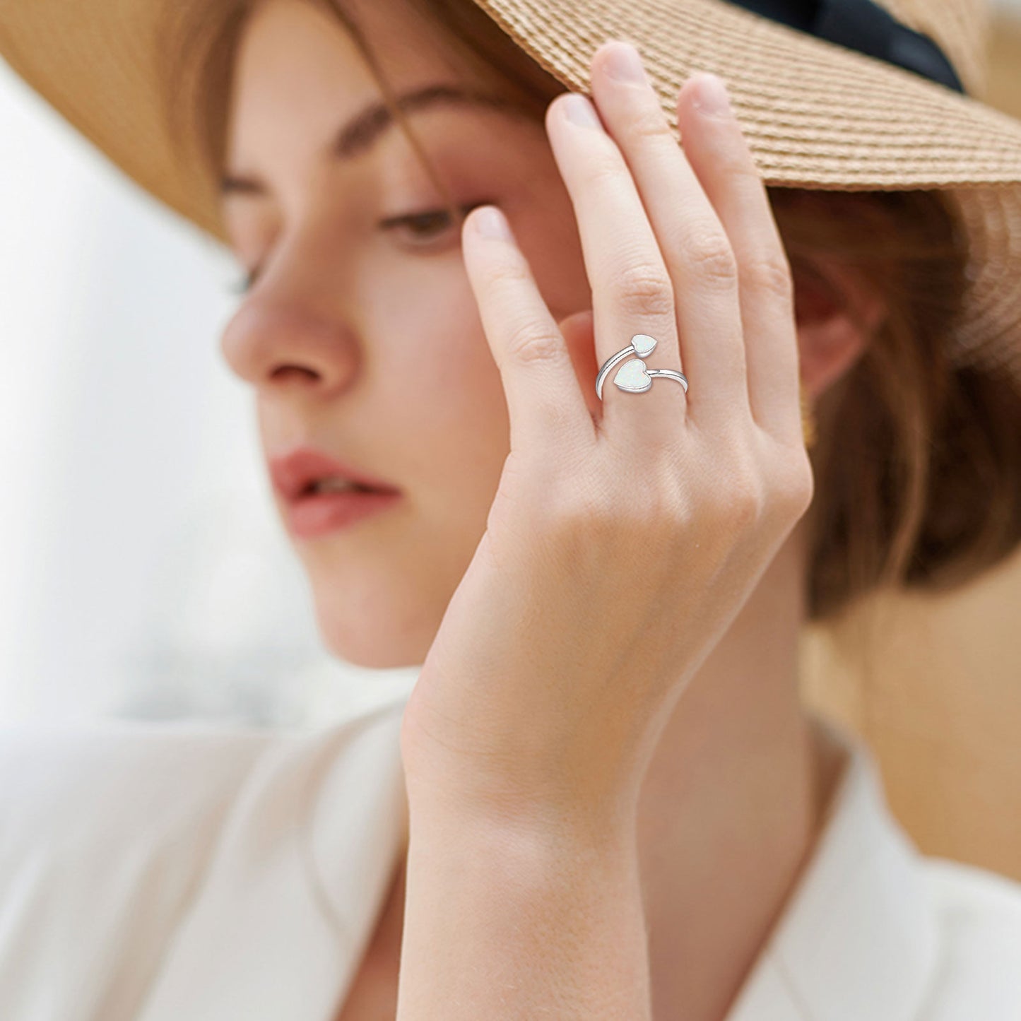 8mm Opal Heart Adjustable Open Ring in 925 Sterling Silver