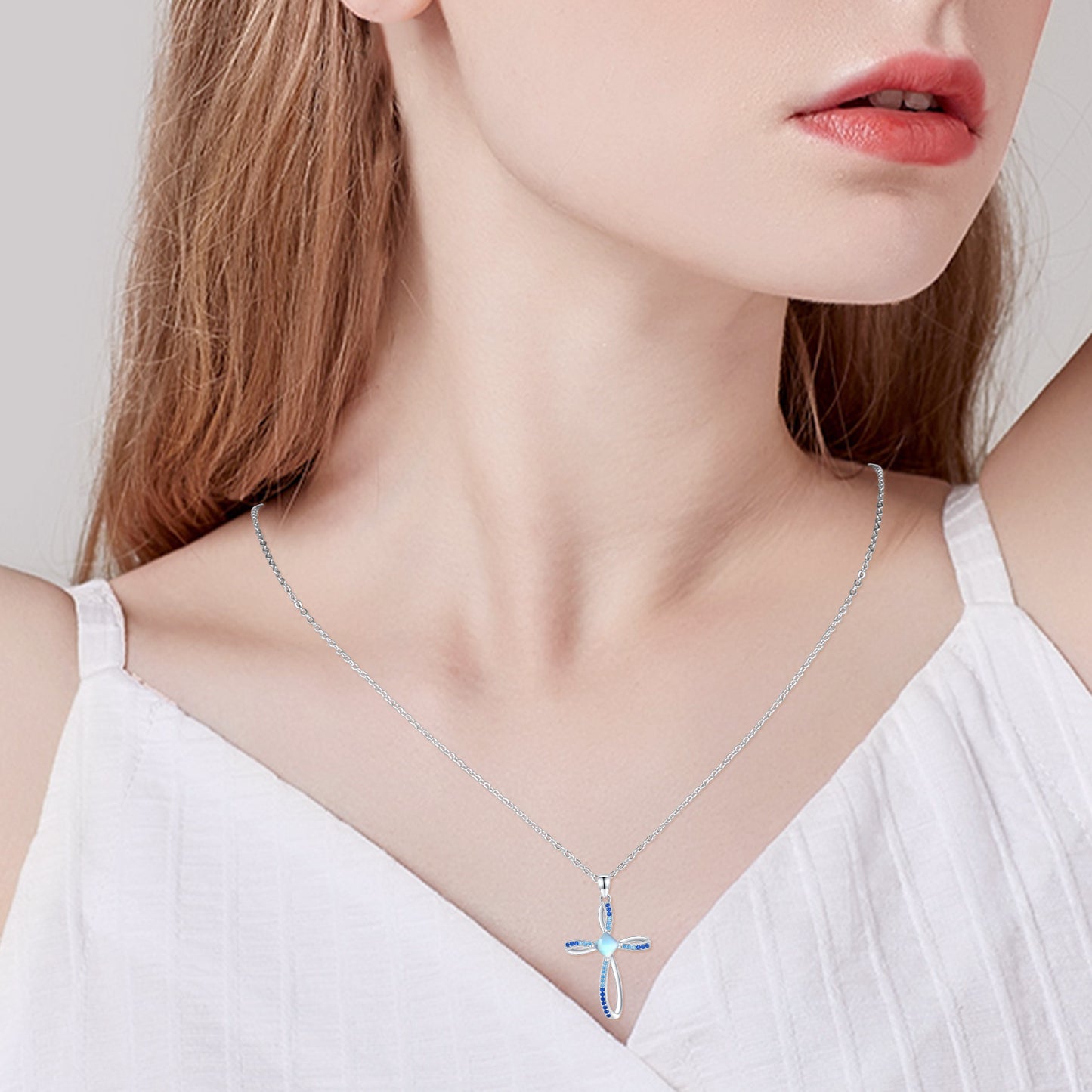 Moonstone Cross Pendant Necklace in 925 Sterling Silver