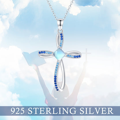 Moonstone Cross Pendant Necklace in 925 Sterling Silver