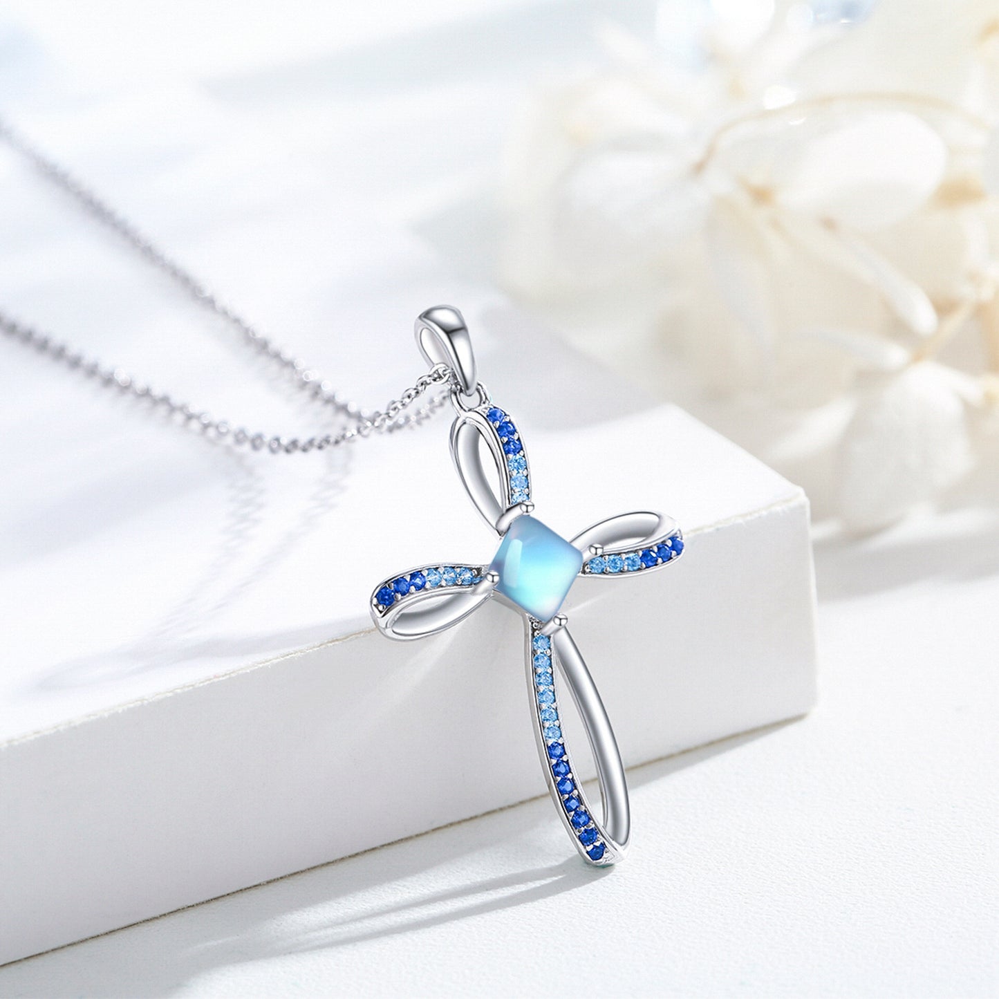 Moonstone Cross Pendant Necklace in 925 Sterling Silver