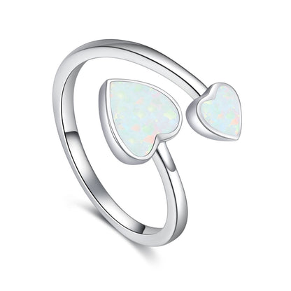 8mm Opal Heart Adjustable Open Ring in 925 Sterling Silver