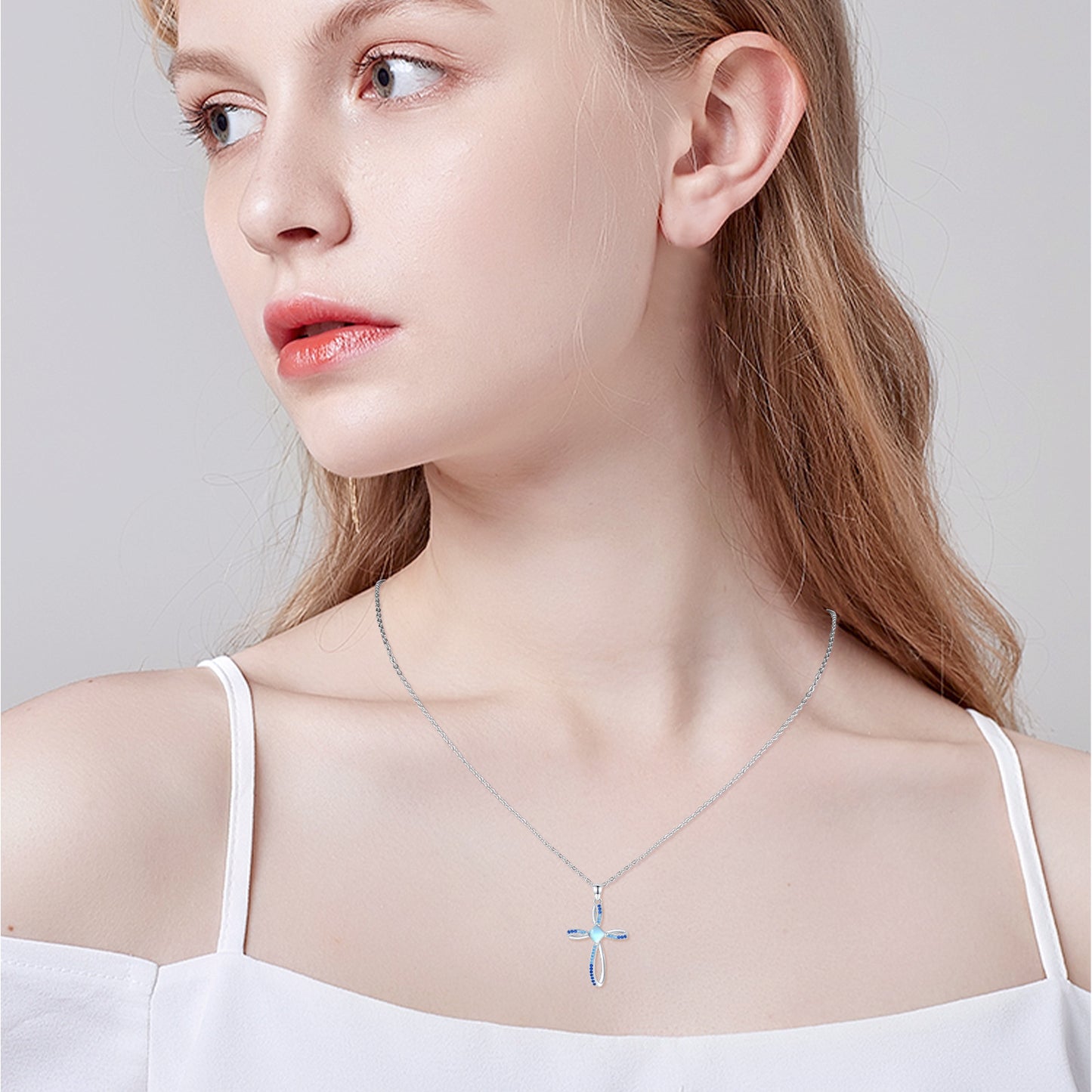 Moonstone Cross Pendant Necklace in 925 Sterling Silver
