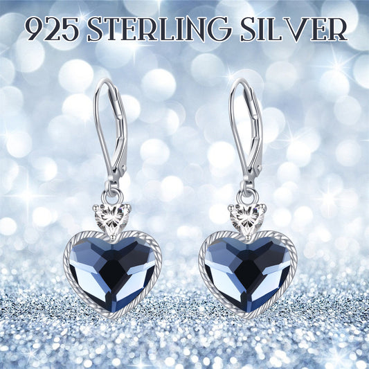 Crystal Dangle Earrings, 925 Sterling Silver Leverback Blue Heart Drop Earrings December Birthday Jewelry Gifts for Women Girls