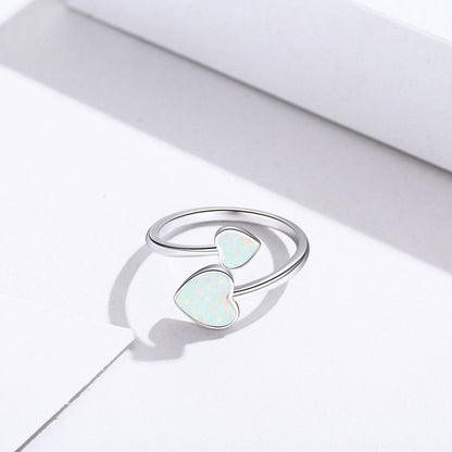 8mm Opal Heart Adjustable Open Ring in 925 Sterling Silver