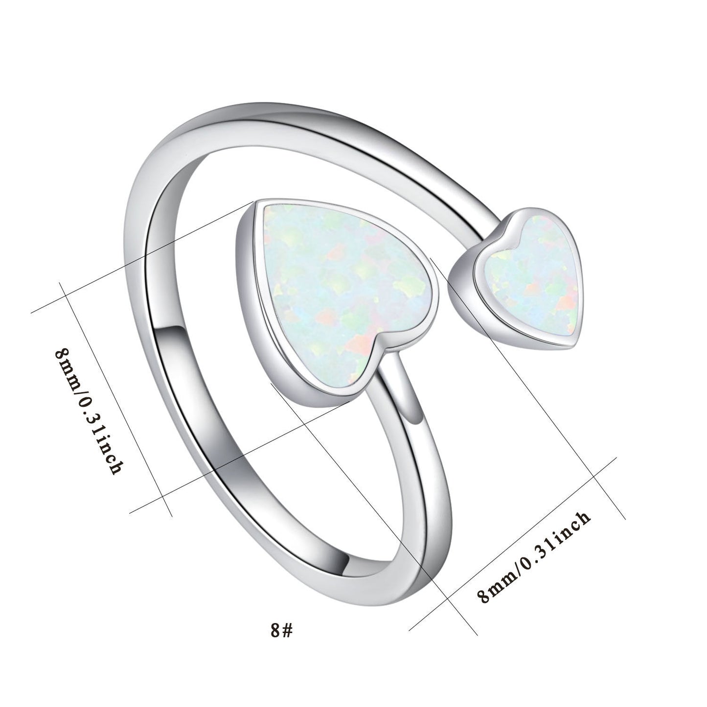 8mm Opal Heart Adjustable Open Ring in 925 Sterling Silver