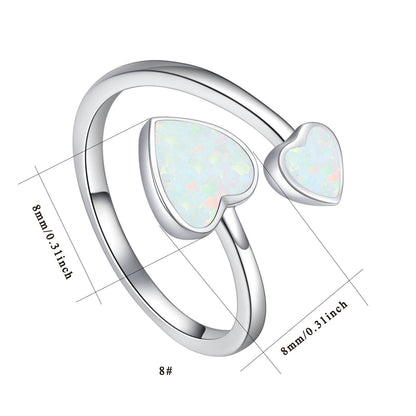 8mm Opal Heart Adjustable Open Ring in 925 Sterling Silver